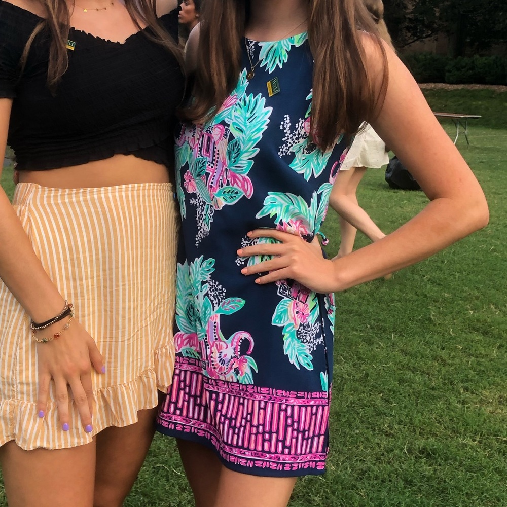 Lilly Pulitzer Navy Floral Shift Dress with Pink & Teal Accents